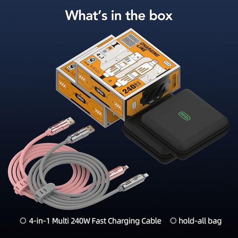 MFish 240W 4-in-1 Universal USB Charging Cable [2 Pack, 6.6ft] – Fast Charger Cord with USB-A, Dual USB-C & Lighting, for iPhone 14/15/16 Series, iPad & MacBook & More (2PACK, Black+White, 6.6Ft) in Kuwait