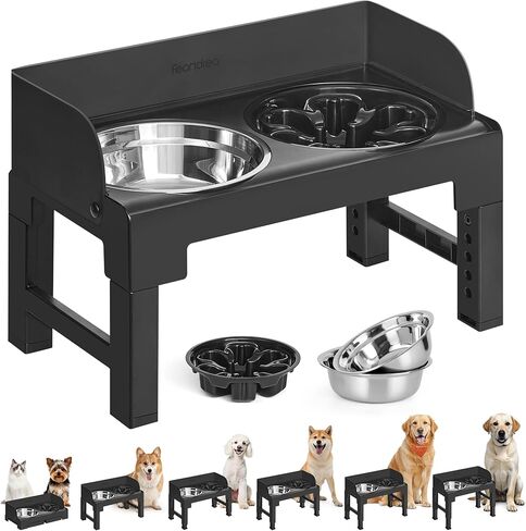Feandrea Dog Bowls Elevated, Raised Stand with 1 Slow Feeder and Two 304 Stainless Steel Bowls, Adjustable Height and Tilted Design, Ink Black UPRB103B01 in Saudi Arabia