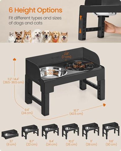 Feandrea Dog Bowls Elevated, Raised Stand with 1 Slow Feeder and Two 304 Stainless Steel Bowls, Adjustable Height and Tilted Design, Ink Black UPRB103B01 in Saudi Arabia