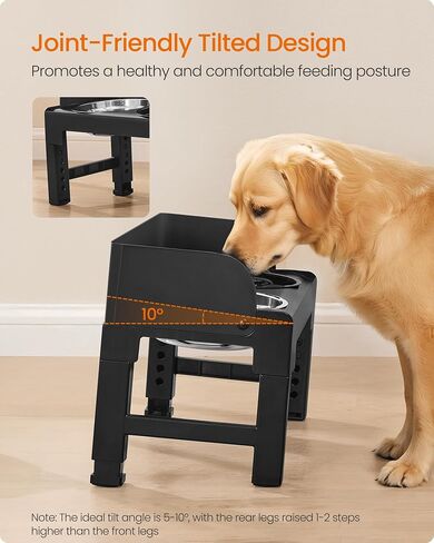 Feandrea Dog Bowls Elevated, Raised Stand with 1 Slow Feeder and Two 304 Stainless Steel Bowls, Adjustable Height and Tilted Design, Ink Black UPRB103B01 in Saudi Arabia