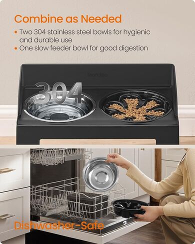 Feandrea Dog Bowls Elevated, Raised Stand with 1 Slow Feeder and Two 304 Stainless Steel Bowls, Adjustable Height and Tilted Design, Ink Black UPRB103B01 in Saudi Arabia