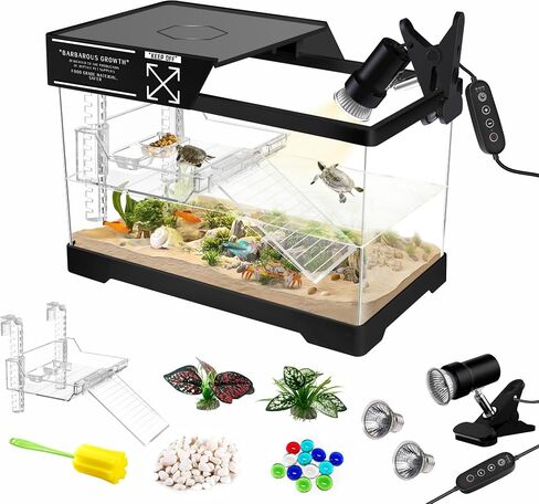 GOZILLA Mini Aquatic Turtle Tank Kit with Adjustable Lamp,PC Turtle Tank Starter Kit,Small Hermit Crab Tanks with Lid, Hanging Platform for Baby Turtles,Crabs,Fish.(11.8×7.24×7.1''/Black Kit) in Kuwait