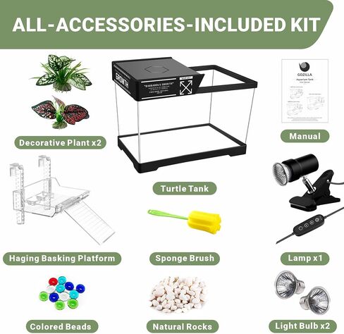 GOZILLA Mini Aquatic Turtle Tank Kit with Adjustable Lamp,PC Turtle Tank Starter Kit,Small Hermit Crab Tanks with Lid, Hanging Platform for Baby Turtles,Crabs,Fish.(11.8×7.24×7.1''/Black Kit) in Kuwait
