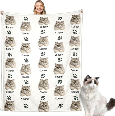 Aizza Beata Custom Cat Face Blanket with Name - Personalized Soft Flannel Throw Blanket with Photo for Pet Nap Time and Play - Cute Cat Gifts for Pet Lovers, Also a Memorial Blanket for Lost Kitten in Saudi Arabia