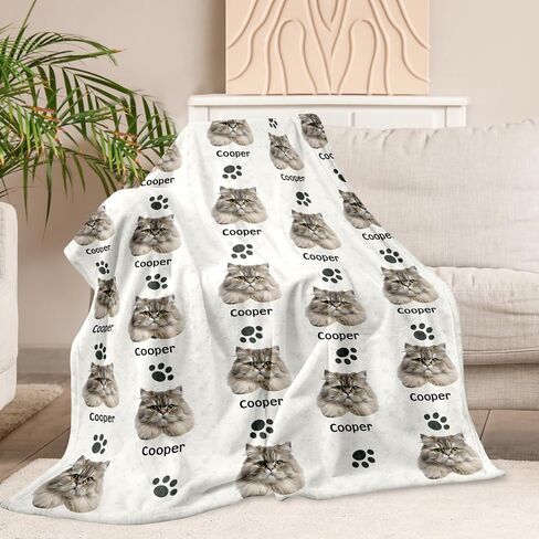 Aizza Beata Custom Cat Face Blanket with Name - Personalized Soft Flannel Throw Blanket with Photo for Pet Nap Time and Play - Cute Cat Gifts for Pet Lovers, Also a Memorial Blanket for Lost Kitten in Saudi Arabia