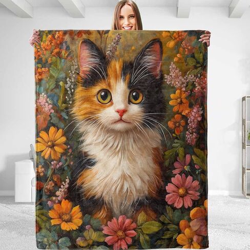 Cute Cat Floral Blanket,Decorative Throw with Adorable Kitten and Flower,Lightweight Flannel Blankets for Cabin Couch Living Room Office,Ideal Gifts for Girls Kids Pet Lovers 50"x60" in Saudi Arabia