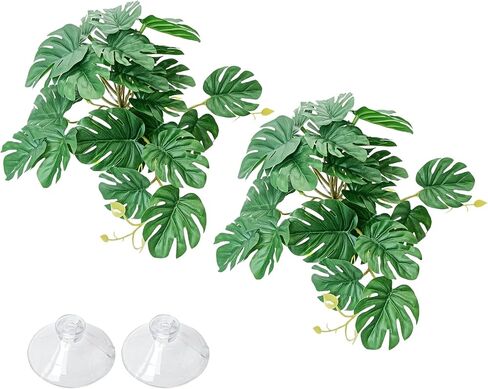 VCEPJH نباتات الزواحف مع كأس الشفط ديكور الموائل البرمائية 2 قطعة أوراق اصطناعية لديكور Terrarium ملحقات خزان أبو بريص المتوج للتنين الملتحي والسحلية والثعبان (Monstera) in Kuwait