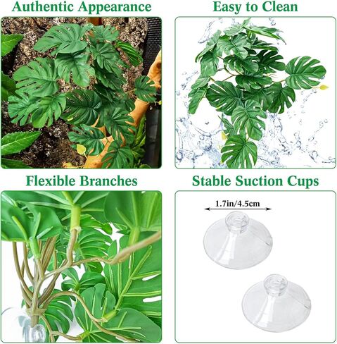 VCEPJH نباتات الزواحف مع كأس الشفط ديكور الموائل البرمائية 2 قطعة أوراق اصطناعية لديكور Terrarium ملحقات خزان أبو بريص المتوج للتنين الملتحي والسحلية والثعبان (Monstera) in Kuwait