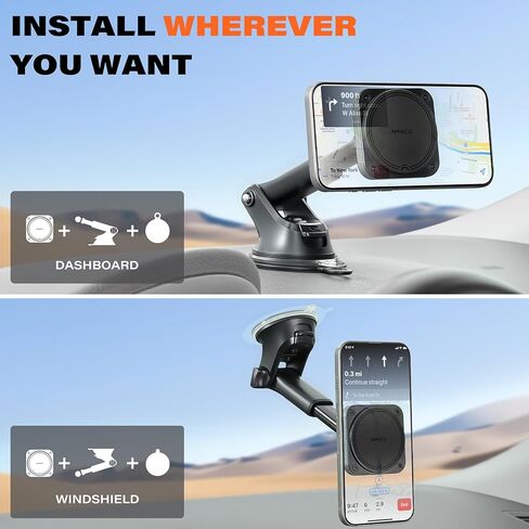 APPS2Car لـ MagSafe حامل هاتف السيارة المغناطيسي على لوحة القيادة والزجاج الأمامي لهاتف iPhone مع كوب شفط كبير ماج حامل سيارة آمن متوافق مع iPhone 15 14 13 12 Pro Max Plus Mini MagSafe in Kuwait
