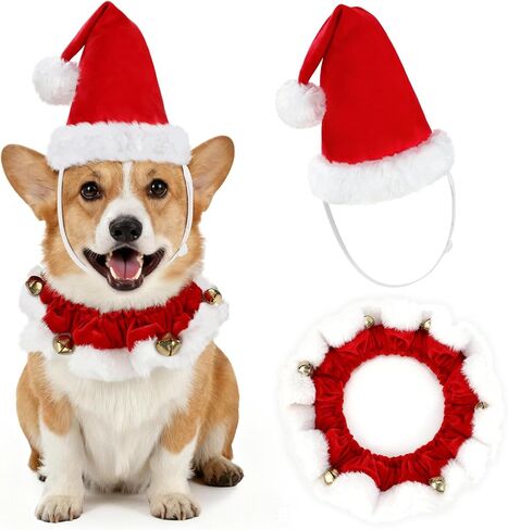 YUEPET 2PCS قابل للتعديل 3D الكلب قبعة سانتا مع كاتم للصوت مجموعة حمراء أفخم عيد الميلاد طوق Scrunchy مع أجراس الذهب الحلي لينة الكلب عيد الميلاد الزي زي للقطط الصغيرة المتوسطة الكبيرة XL الكلاب الحيوانات الأليفة (XL) in Kuwait