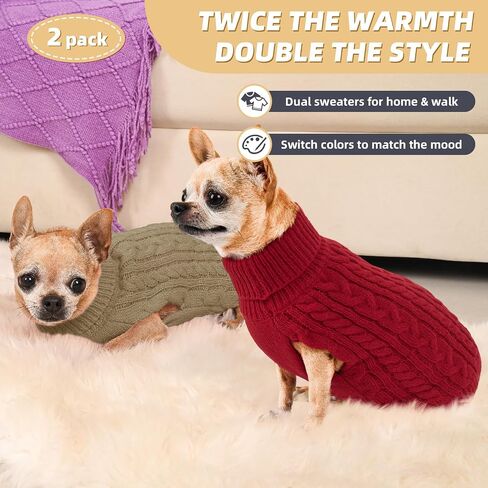 2 Pack Dog Sweaters for Small Dogs Turtleneck Pullover Cable Knit Puppy Stretch Clothes Chihuahua Yorkie Pomeranian Toy Poodle Boy Girl Pets Winter Doggie Clothes (S, Red & Green) in Saudi Arabia