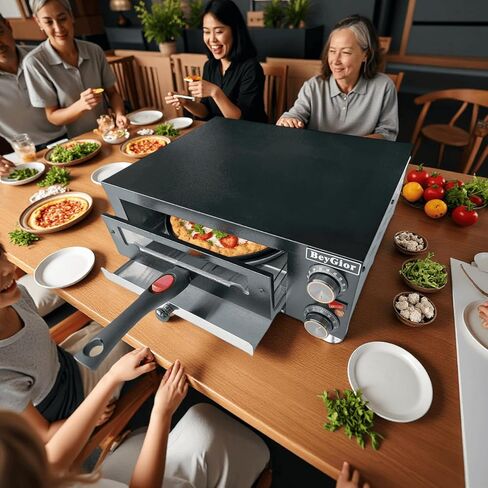 فرن بيتزا كهربائي داخلي، فرن بيتزا على سطح الطاولة مع صواني خبز مقاس 12 بوصة، وقفازات فرن، صانع بيتزا تجاري للمنزل، طباخ بيتزا من الفولاذ المقاوم للصدأ مع نافذة مرئية، مقبض قابل للإزالة in Kuwait