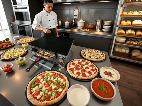 فرن بيتزا كهربائي داخلي، فرن بيتزا على سطح الطاولة مع صواني خبز مقاس 12 بوصة، وقفازات فرن، صانع بيتزا تجاري للمنزل، طباخ بيتزا من الفولاذ المقاوم للصدأ مع نافذة مرئية، مقبض قابل للإزالة in Kuwait