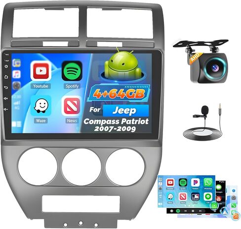Roinvou 2+32G Android CarPlay Stereo لـ 2007-2010 Jeep Compass Patriot، شاشة لمس 10.1 بوصة داخل لوحة القيادة GPS مع نظام CarPlay لاسلكي مدمج Android Auto Support Mirror Link BT RDS AHD DSP in Kuwait