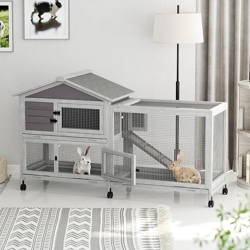 63“ Rabbit Cage with Weatherproof Roof, Bunny Cage with 6 Lockable Caster Wheels & Pull-Out Tray, Rabbit Hutch for Indoor Outdoor Use, Grey in Saudi Arabia