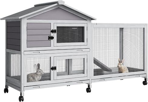 63“ Rabbit Cage with Weatherproof Roof, Bunny Cage with 6 Lockable Caster Wheels & Pull-Out Tray, Rabbit Hutch for Indoor Outdoor Use, Grey in Saudi Arabia