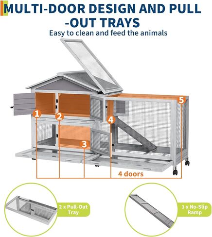 63“ Rabbit Cage with Weatherproof Roof, Bunny Cage with 6 Lockable Caster Wheels & Pull-Out Tray, Rabbit Hutch for Indoor Outdoor Use, Grey in Saudi Arabia