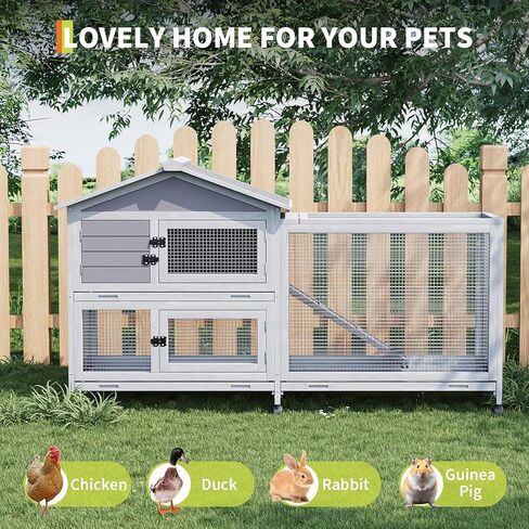63“ Rabbit Cage with Weatherproof Roof, Bunny Cage with 6 Lockable Caster Wheels & Pull-Out Tray, Rabbit Hutch for Indoor Outdoor Use, Grey in Saudi Arabia