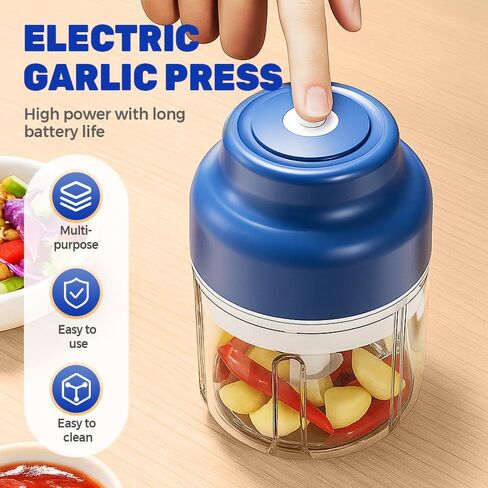 Electric Mini Garlic Chopper Set, 2026 New Small Garlic Chopper Mincer, Electric Food Chopper Tool, USB Rechargeable, Wireless Veggie Grinder, for Mashing Onion, Garlic, Chili, Ginger (Blue, 250ml) in Saudi Arabia