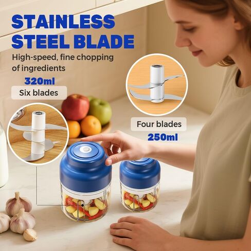 Electric Mini Garlic Chopper Set, 2026 New Small Garlic Chopper Mincer, Electric Food Chopper Tool, USB Rechargeable, Wireless Veggie Grinder, for Mashing Onion, Garlic, Chili, Ginger (Blue, 250ml) in Saudi Arabia
