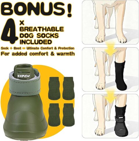 EXPAWLORER Dog Shoes for Small Medium Large Dogs, Waterproof Non-Slip Dog Snow Booties for Winter with Socks, Easy On & Off Pet Boots & Paw Protectors, Easy-Clean for Beach Outdoor Rain (Green S) in Saudi Arabia
