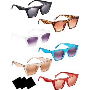 Frienda 6 Pairs Vintage Square Cat Eye Sunglasses Women Retro Cateye Sunglasses with 3 Pieces Cleaning Cloth