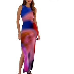 Women Y2k Tie Dye Tank Dress Sleeveless Bodycon Long Dresses Printed Slim Fit Summer Maxi Dress Sundress