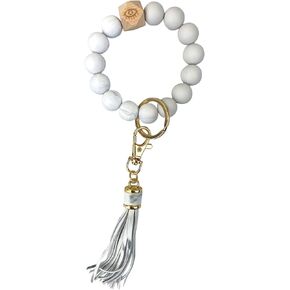 Andiker Keychain Wristlet Bracelet Silicone Beaded with Tassel for Women and Girls,Elastic Keyring Bangle Car Keys Holder