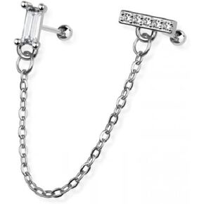 Pierced Owl 18GA 316L Stainless Steel CZ Crystal Rectangle and Paved Bar Connecting Chain Linked Cartilage Barbells