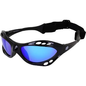 Birdz Seahawk Padded Polarized Sunglasses Jet Ski Kayaking Watersports Jetski Goggles with Built in Strap Black Frame and Blue Mirror Lens