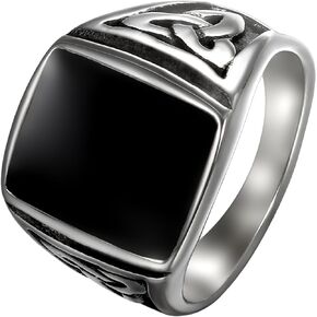 Silver Men's Stainless Steel Celtic Knot Signet Rings Band, Vintage Statement Ring-Black