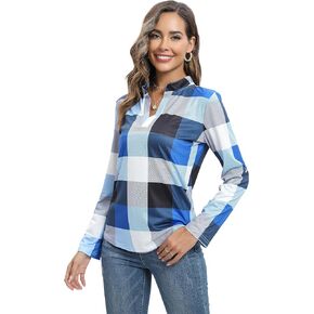 Women's Long Sleeve T-Shirt Plaid Pattern V-Neck Casual Style Top Cozy and Stylish for Any Occasion