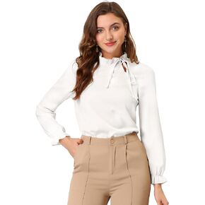 Allegra K Women's Elegant Long Sleeve Blouse Ruffle Tie Neck Business Work Top