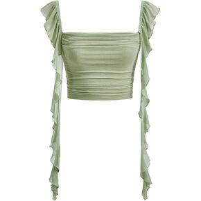 Milumia Women's Ruched Ruffle Trim Crop Tank Top Square Neck Fitted Tees Going Out Tops