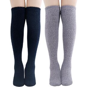 SKOLA 2 Pairs Soft Warm Fuzzy Knee High Long Cozy Microfiber Socks
