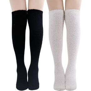 SKOLA 2 Pairs Soft Warm Fuzzy Knee High Long Cozy Microfiber Socks