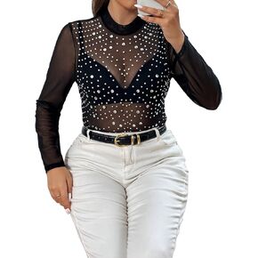 WDIRARA Women's Plus Size Rhinestone Long Sleeve Sheer Mesh See Through Party Top Mock Neck Blouse