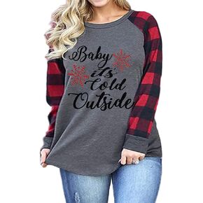 Plus Size Baby Its Cold Outside Christmas T Shirt Women Long Sleeve Plaid Splicing Tops Blouse
