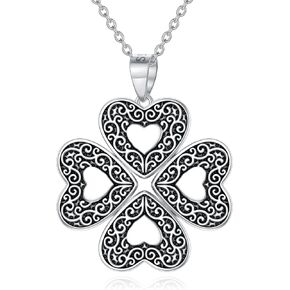 SLIACETE 925 Sterling Silver Lucky Four Leaf Clover Necklace,4-in-1 Wearing 2 Sides Heart Love Oxidized Pendant Gift for Women