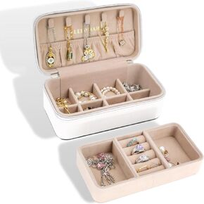 Leepliar Travel Jewelry Box, PU Leather Small Jewelry Organizer for Women Girls, Double Layer Portable Mini Travel Case Display Storage Holder Boxes for Stud Earrings, Rings, Necklaces (Grey)