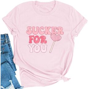 Mising Womens Valentine's Day Graphic Tees Short Sleeves Round Neck Casual Printing Shirts