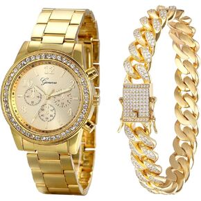 Avaner Men's Gold Watch Analog Quartz Rhinestone Wrist Watch with Stainless Steel Band for Halloween Costume