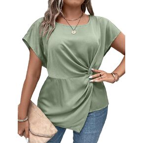 WDIRARA Women's Plus Size Twist Front Round Neck Short Sleeve Asymmetrical Hem Satin Blouse Top