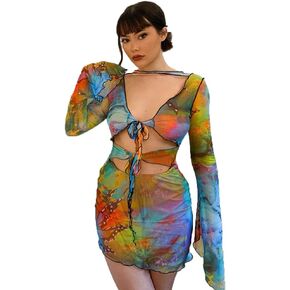 JasmyGirls Womens Rave Outfits for Festival Butterfly Two Piece Set Long Sleeves Dress Mesh Top Skirt Club Wear