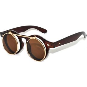 Stylish Vintage Retro Circle Flip Up Sunglasses Smoke and Brown Lens