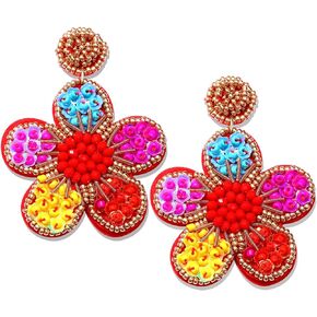 Beaded Drop Earrings Statement Colorful Beaded Flower Earrings Handmade Bohemia Tropical Beadwork Dangle Earrings For Woman