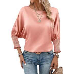 WDIRARA Women's Round Neck Shirred 3/4 Sleeve Satin Blouse Top Casual Shirt