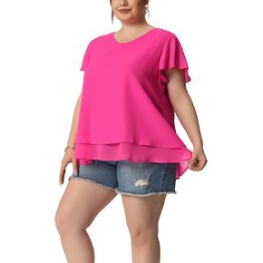Agnes Orinda Plus Size Women's Summer Tops Ruffle Short Sleeves V Neck Double Layered Hem Chiffon Casual Blouses