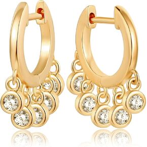 Mevecco Gold Tassel Huggie Hoop Earrings 18K Gold Plated Dainty Small Star Disc Cross Turquoise CZ Tassel Dangle Drop Huggy Sleeper Earrings for Women Gift for Her