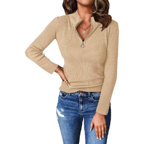 Quarter Zip Pullover Sweater for Women Long Sleeve Collared Slim Fitted Ribbed Knit Tops in Kuwait